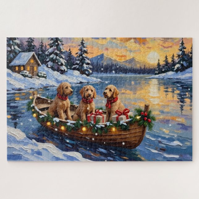 Puzzle Bateau de Noël Goldendoodle pour les Fêtes (Horizontal)