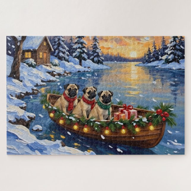 Puzzle Bateau de Noël Pug Fêtes (Horizontal)