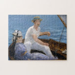 Puzzle Bateau | Édouard Manet<br><div class="desc">Bateau (1874) d'Édouard Manet est un magnifique tableau impressionniste représentant un homme et une femme naviguant tranquillement sur un bateau. L'homme, vêtu d'une tenue blanche décontractée avec un casquette en paille, tient le tireur, tandis que la femme, vêtue d'une robe bleu percé, regarde à travers l'eau bleue scintillante. Les coups...</div>
