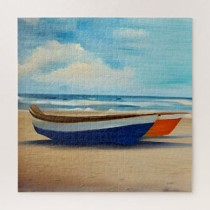 Puzzle Bateau rouge et bleu sur une plage de sable