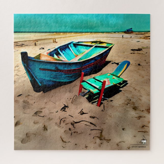 Puzzle Bateau sarcelle sur une plage de sable (Vertical)