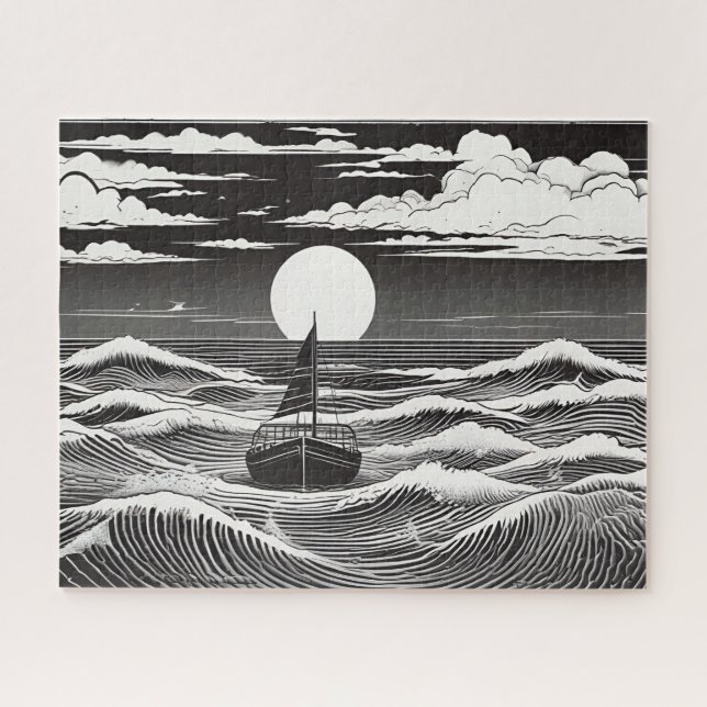 Puzzle Bateau solitaire noir et blanc dans une mer tempét (Horizontal)