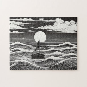 Puzzle Bateau solitaire noir et blanc sur un océan orageu