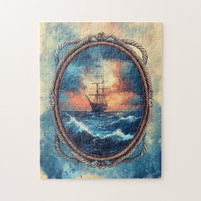 Puzzle Bateau sur Stormy Sea Rope Border Art (Vertical)