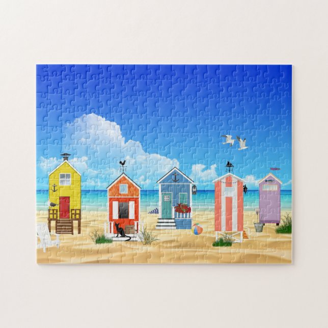 Puzzle Beach huts in a colourful line up on the beach (Horizontal)