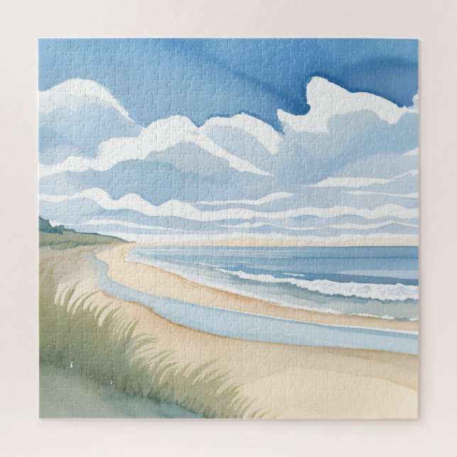 Puzzle Beach Shore Walk | Coastal Ocean Watercolor (Vertical)