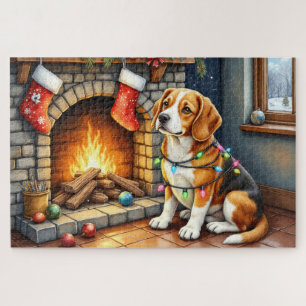 Puzzle Beagle assis près de la cheminée avec des lumières