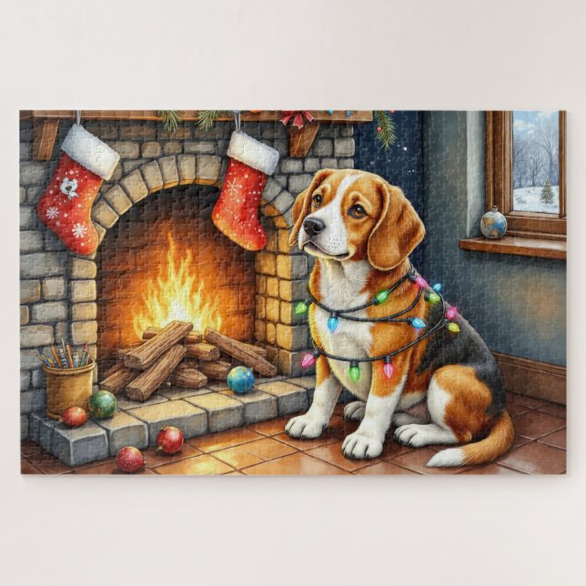 Puzzle Beagle assis près de la cheminée avec des lumières (Horizontal)