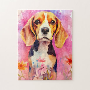 Puzzle Beagle avec fleurs Aquarelle