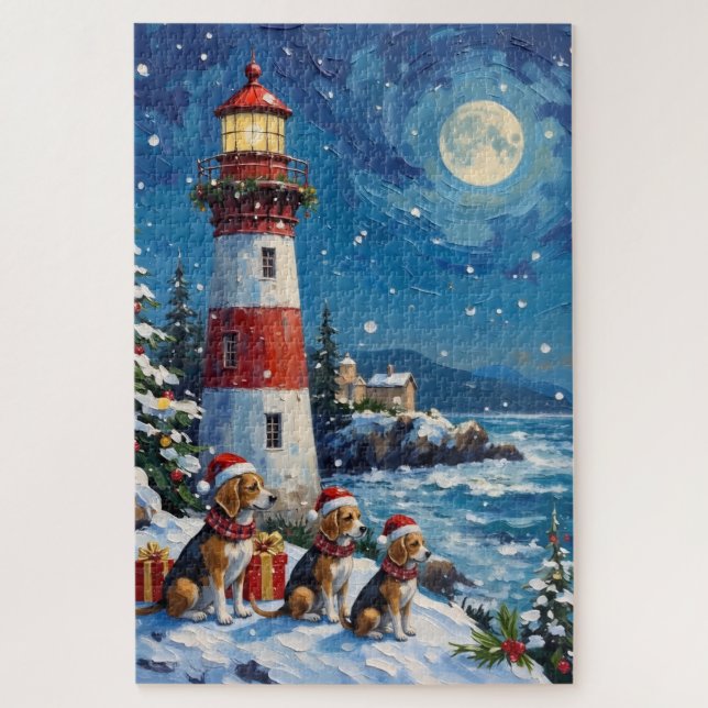 Puzzle Beagle Christmas Lighthouse Holiday (Vertical)