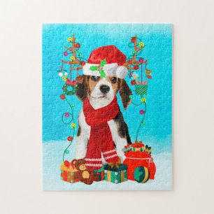 Puzzle Beagle dans la neige avec cadeaux de Noël
