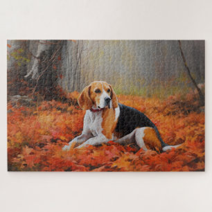 Puzzle Beagle dans les feuilles d'automne qui tombent ins