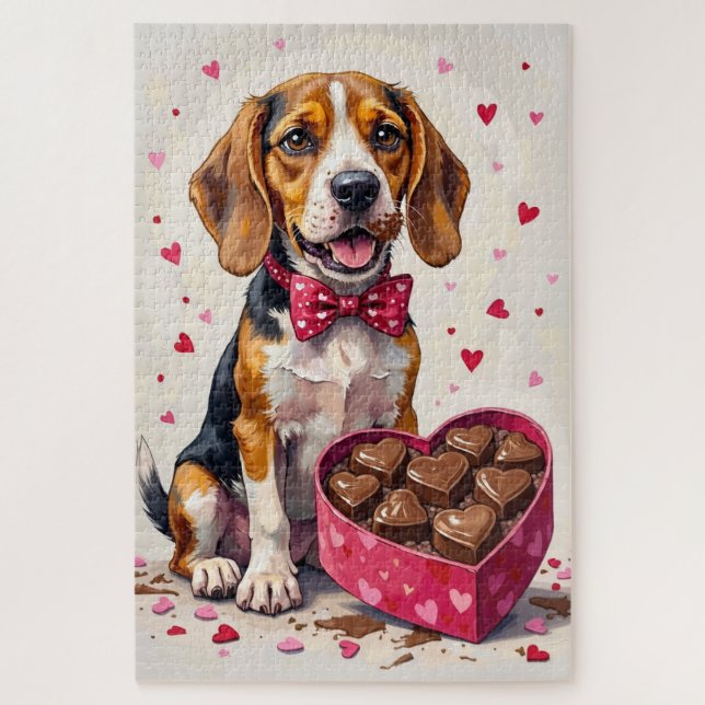 Puzzle Beagle Devouring Valentine's Chocolate Box (Vertical)
