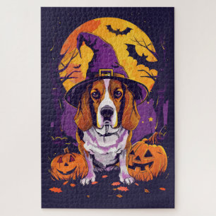 Puzzle Beagle Effrayant Halloween Sorcière Et Citrouille