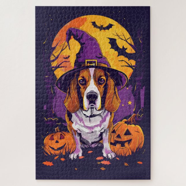 Puzzle Beagle Effrayant Halloween Sorcière Et Citrouille (Vertical)