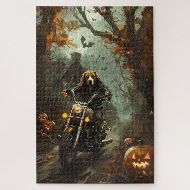 Puzzle Beagle équitation moto Halloween effroi (Vertical)