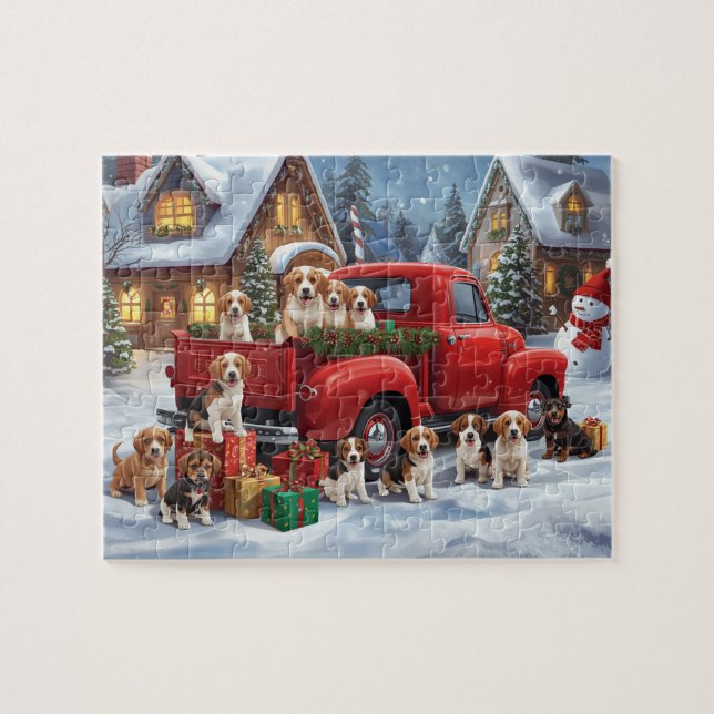 Puzzle Beagle Puppies Red Truck Christmas Snow Scene (Horizontal)