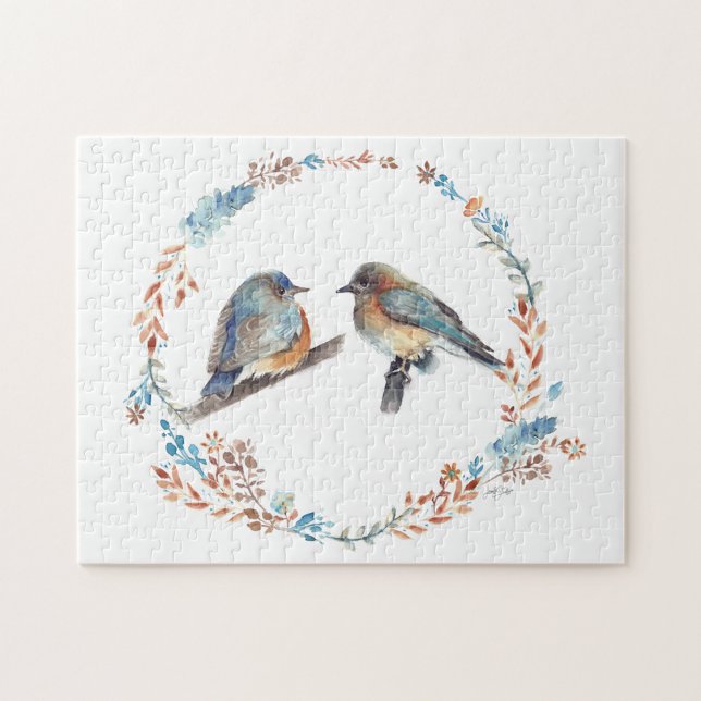 Puzzle Beau Bluebird Couple Art (Adorable eastern bluebird couple art with floral wreath. Jenn's Emporium.)