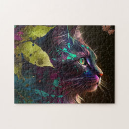 Puzzle Beau chat avec feuillage - Art IA