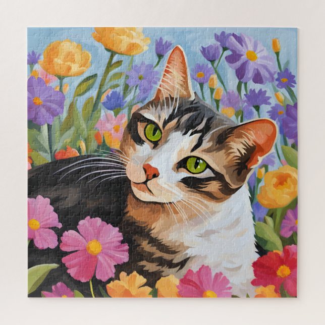 Puzzle Beau chat avec fleurs (Vertical)