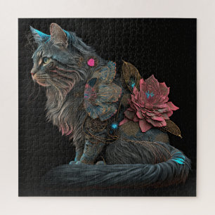 Puzzle Beau chat steampunk avec fleurs roses