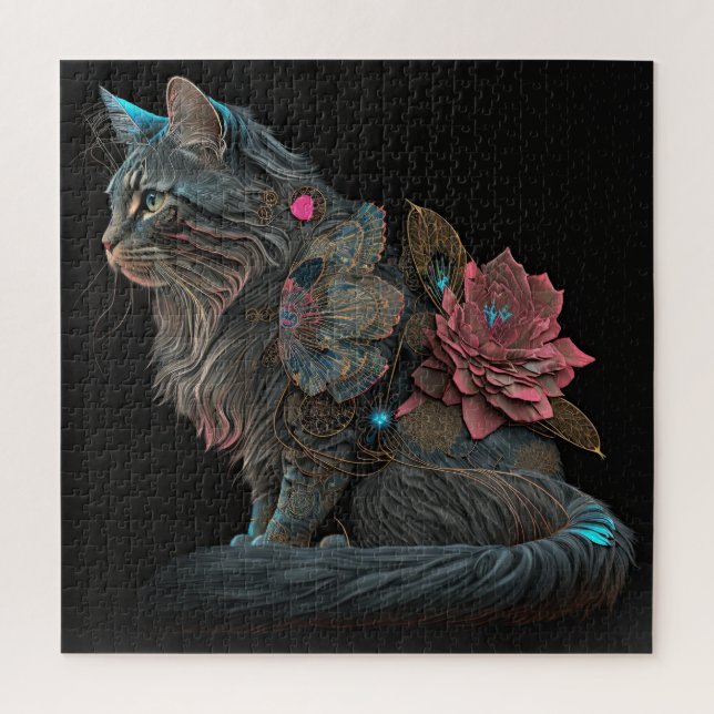 Puzzle Beau chat steampunk avec fleurs roses (Vertical)