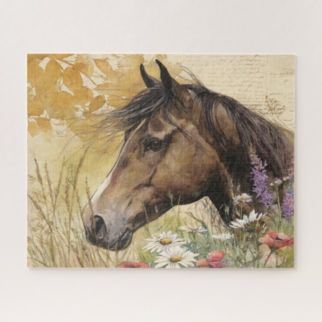 Puzzle Beau Cheval Avec Des Fleurs (Horizontal)