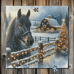 Puzzle Beau Cheval Noir Festif à la ferme Noël