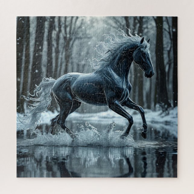 Puzzle Beau Cheval Noir Galopant Dans L'Eau (Vertical)