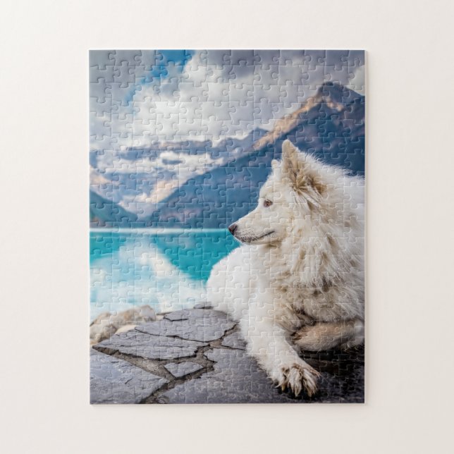 Puzzle Beau Chien blanc Lac Louise Canada Voyage (Vertical)