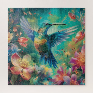 Puzzle Beau colibri entouré de fleurs