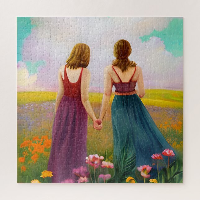 Puzzle Beau couple lesbien dans le domaine des fleurs (Vertical)