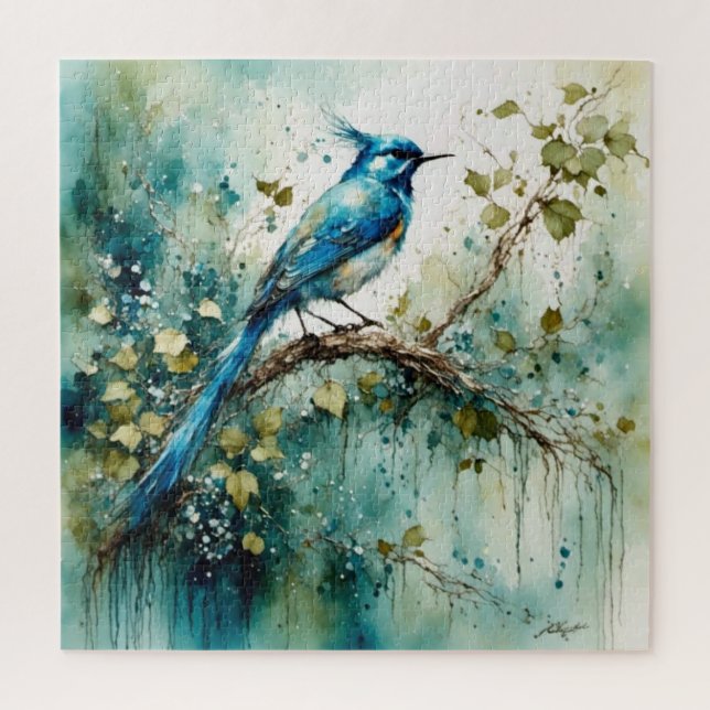Puzzle Beau Oiseau Bleu assis dans un arbre (Vertical)