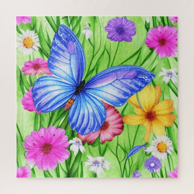 Puzzle Beau Papillon Bleu avec fleurs Aquarelle (Vertical)