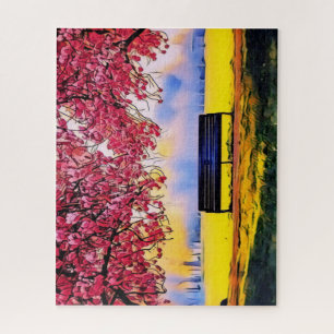 Puzzle Beau paysage avec cerisiers et banc