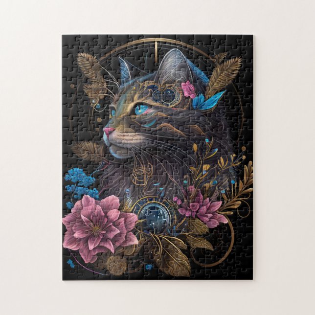 Puzzle Beau steampunk Maine Coon avec fleurs IA art (Vertical)