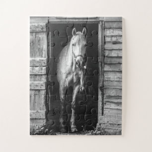 Puzzle Beautiful Horses Rustic Barn B&W Oversized