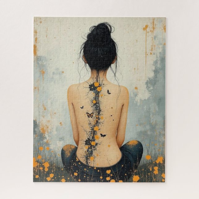 Puzzle Beautiful Woman, Ink, Wildflowers and Butterflies (Vertical)