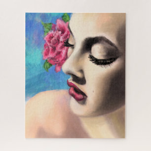 Puzzle Beauty Woman avec Rose rouge - Art de la peinture