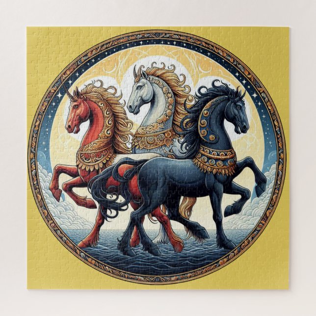 Puzzle "Beaux Chevaux Mystiques Rouges, Blancs et Bleus"  (Vertical)
