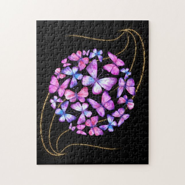 Puzzle Beaux Papillons Aquarelle avec Bling Or (Vertical)
