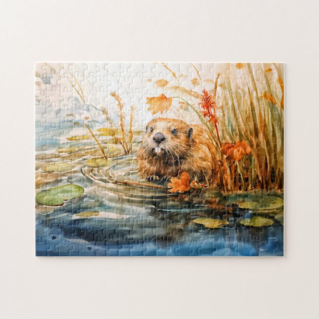 Puzzle Beaver sitting by pond among reeds (Horizontal)