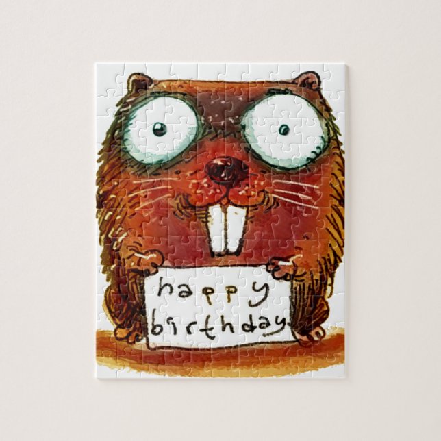 Puzzle beaver tient joyeux message d'anniversaire dessin  (Vertical)