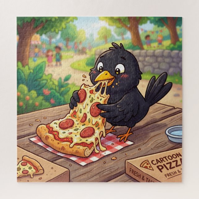 Puzzle Bébé Corbeau Cartoon Mangeant une Pizza (Vertical)