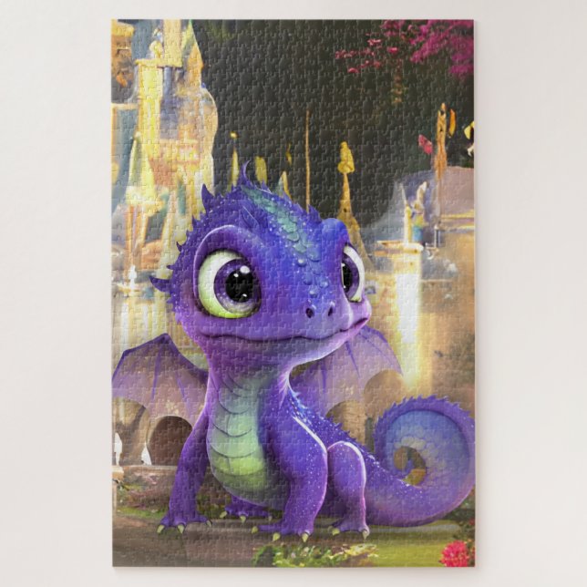 Puzzle Bébé Dragon Violet Et Imaginaire Château Médiéval (Vertical)