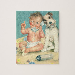 Puzzle Bébé mignon vintage parlant au téléphone avec un c