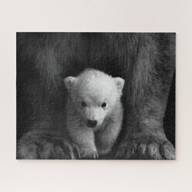 Puzzle Bébé Ours polaire avec Mère, Noir et Blanc (Horizontal)