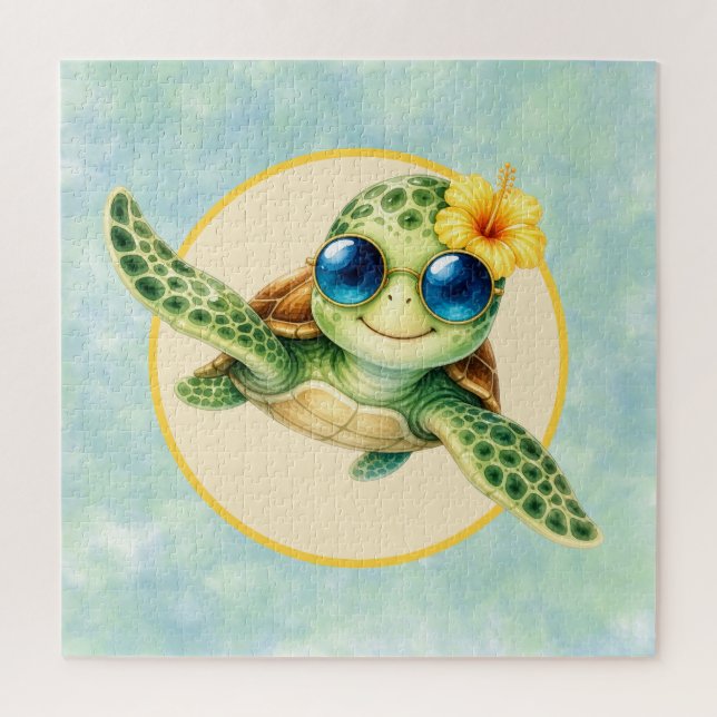 Puzzle Bébés tortues de mer mignonnes avec des fleurs tro (Vertical)