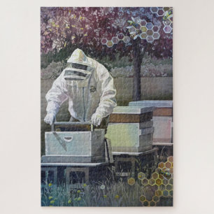 Puzzle Beekeeper Tending Honey Bee Boxes Aquarelle Art
