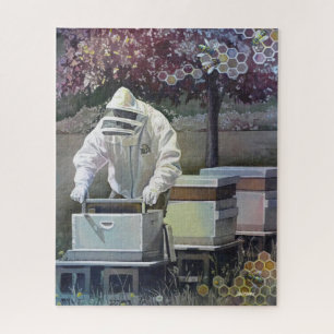 Puzzle Beekeeper Tending Honey Bee Boxes Aquarelle Art